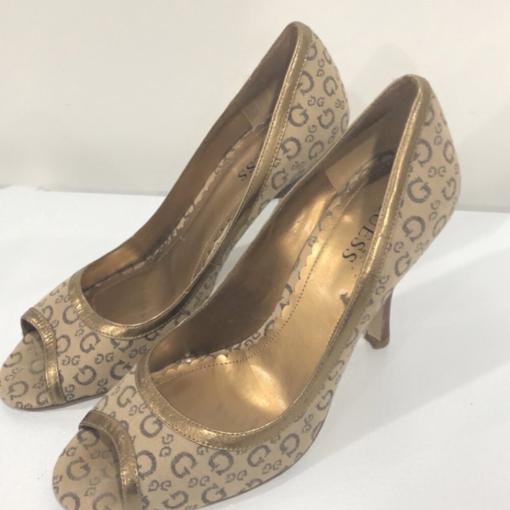 Guess Logo Monogram Gold Peep Toe Heels